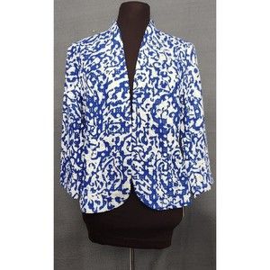 Chico's Size 0 Small White Royal Blue 100% Cotton Eyelet Open Front Jacket